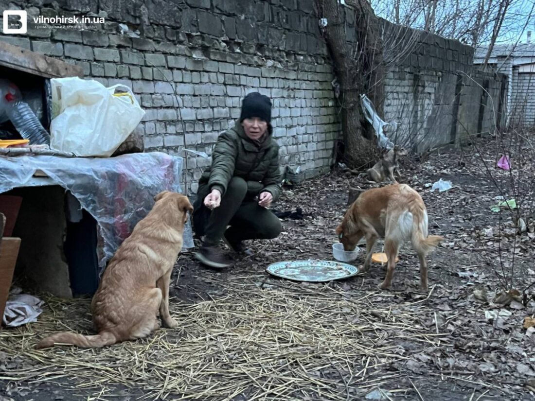 Жінка годує собак